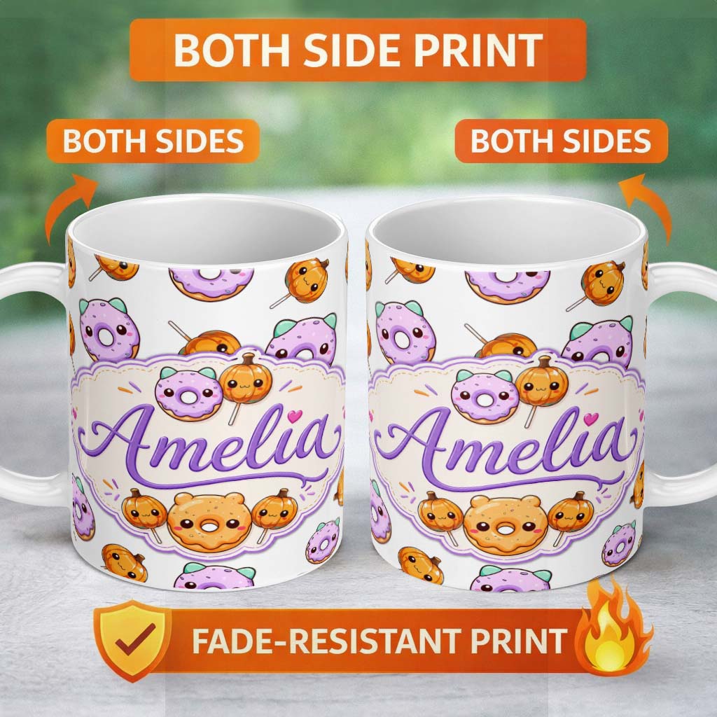 Personalized Custom Name Cute Kawaii Donut Pumpkin Lollipop Pattern Light Grey Background 11oz Ceramic Coffee Tea Mug White Large Handle