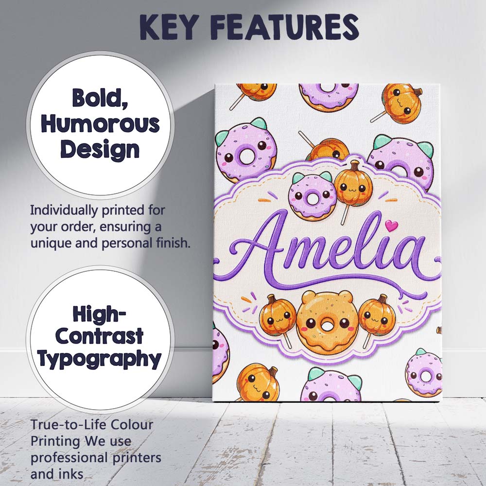Personalised Name Cute Kawaii Donut Pumpkin Custom Bespoke Interior Contemporary Canvas Wall Art Print Decor Picture Ready to Hang
