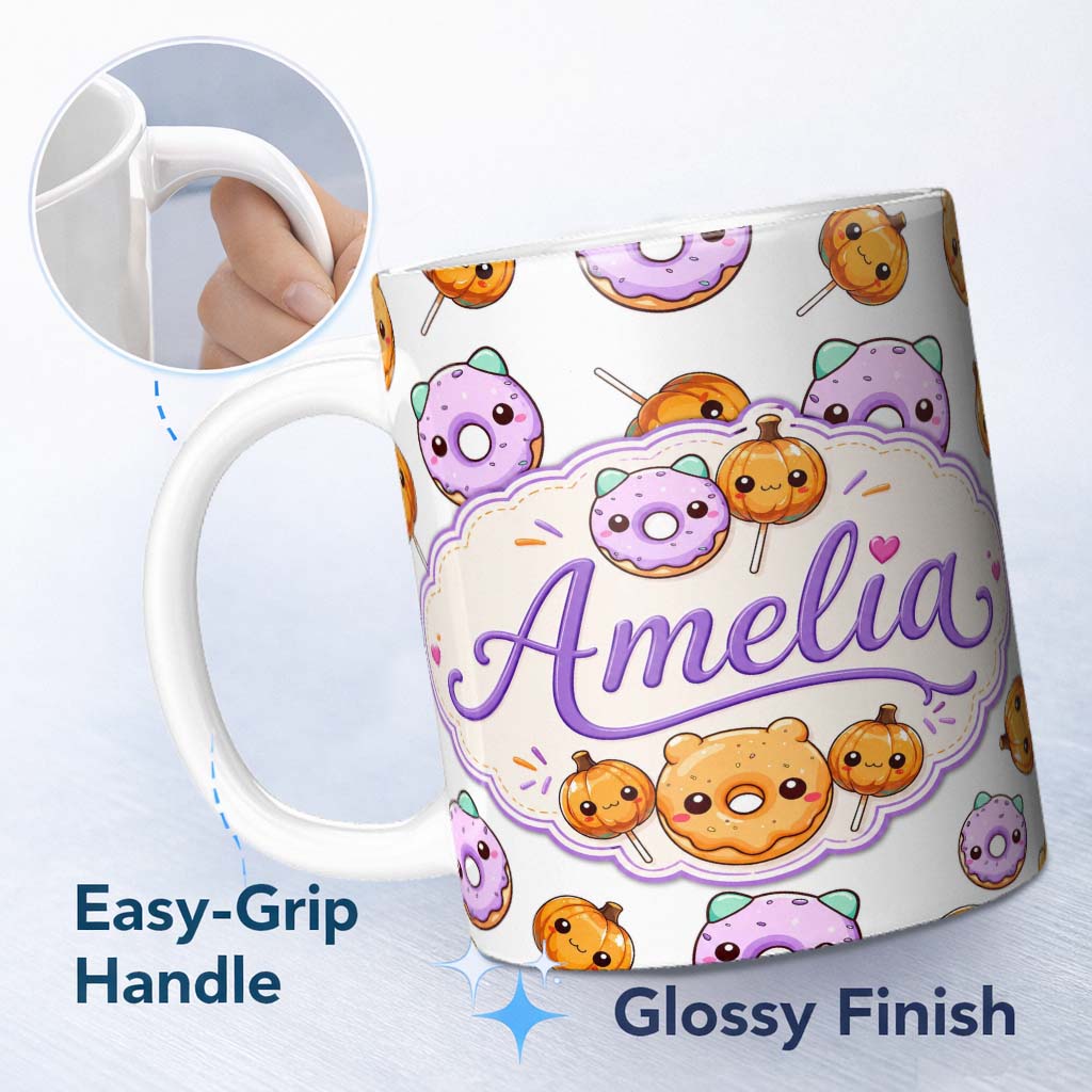 Personalized Custom Name Cute Kawaii Donut Pumpkin Lollipop Pattern Light Grey Background 11oz Ceramic Coffee Tea Mug White Large Handle