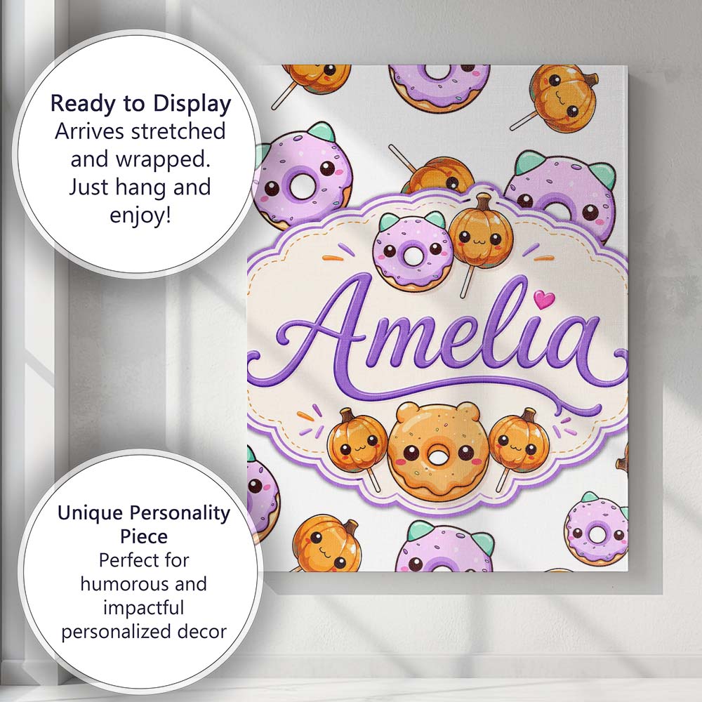 Personalised Name Cute Kawaii Donut Pumpkin Custom Bespoke Interior Contemporary Canvas Wall Art Print Decor Picture Ready to Hang