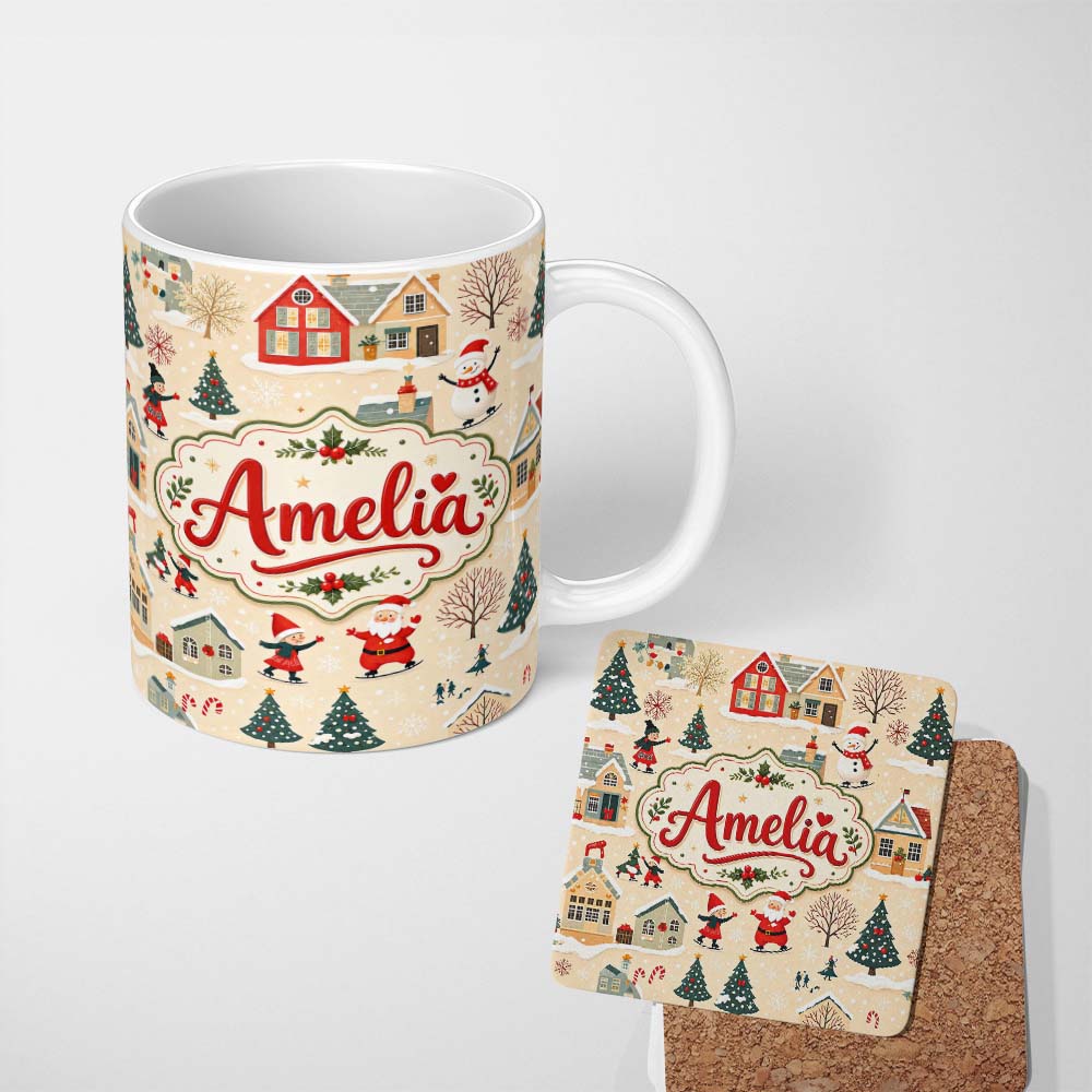 Personalized Custom Name Vintage Christmas Village Snowman Santa Ice Skating Festive Winter 11oz Ceramic Coffee Tea Mug White Large Handle