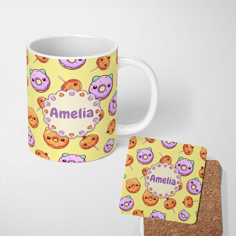 Personalized Custom Name Cute Kawaii Donut Pumpkin Lollipop Pattern Yellow Green Background 11oz Ceramic Coffee Tea Mug White Large Handle
