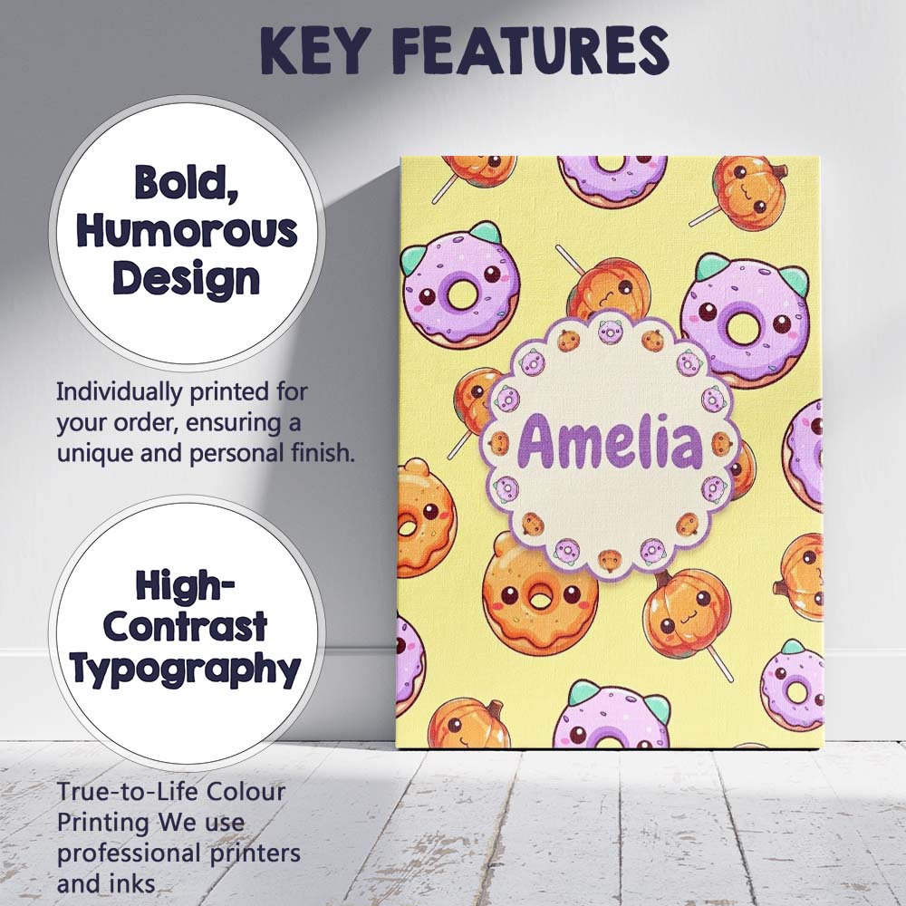 Personalised Name Cute Kawaii Donut Pumpkin Custom Bespoke Interior Contemporary Canvas Wall Art Print Decor Picture Ready to Hang