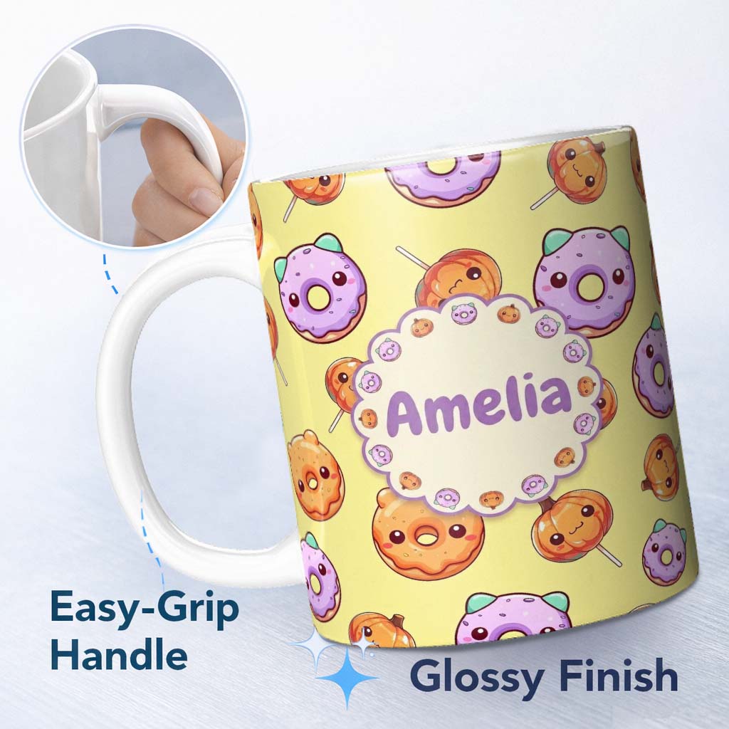 Personalized Custom Name Cute Kawaii Donut Pumpkin Lollipop Pattern Yellow Green Background 11oz Ceramic Coffee Tea Mug White Large Handle