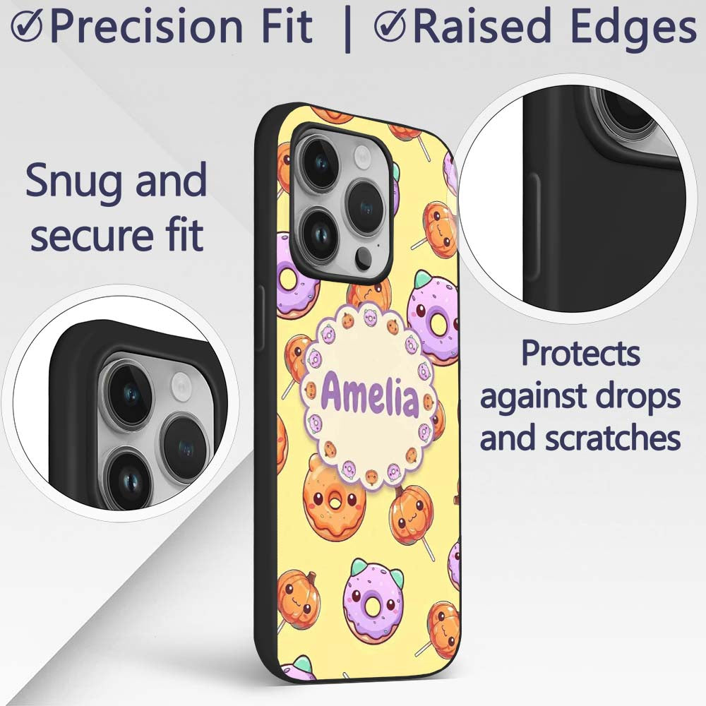 Cute Kawaii Donut Pumpkin Lollipop Pattern Yellow Custom Name Protective Phone Case Mobile Cover Durable Everyday Smartphone Shock Resistant