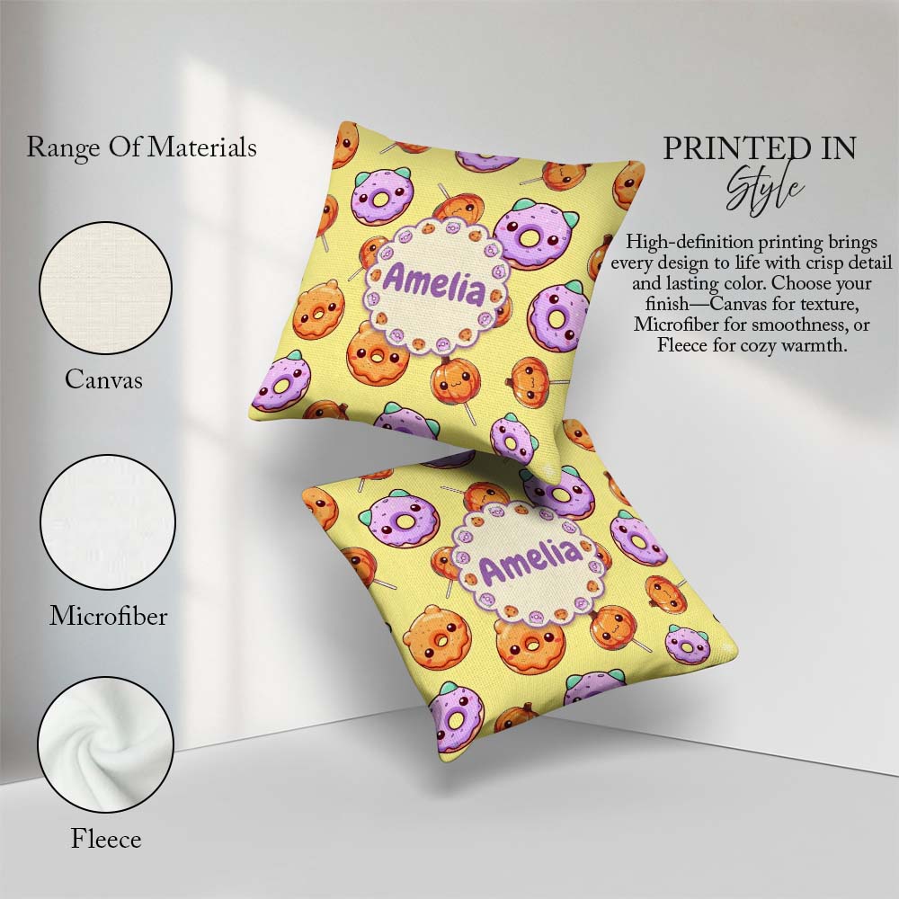 Custom Name Kawaii Donut Pumpkin Pattern Yellow Green Background Square Filled Cushion Throw Pillow Sofa Bed Home Decor Zip Washable UK Made