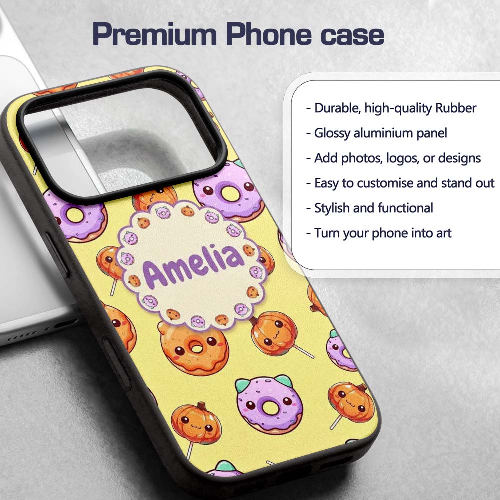 Cute Kawaii Donut Pumpkin Lollipop Pattern Yellow Custom Name Protective Phone Case Mobile Cover Durable Everyday Smartphone Shock Resistant