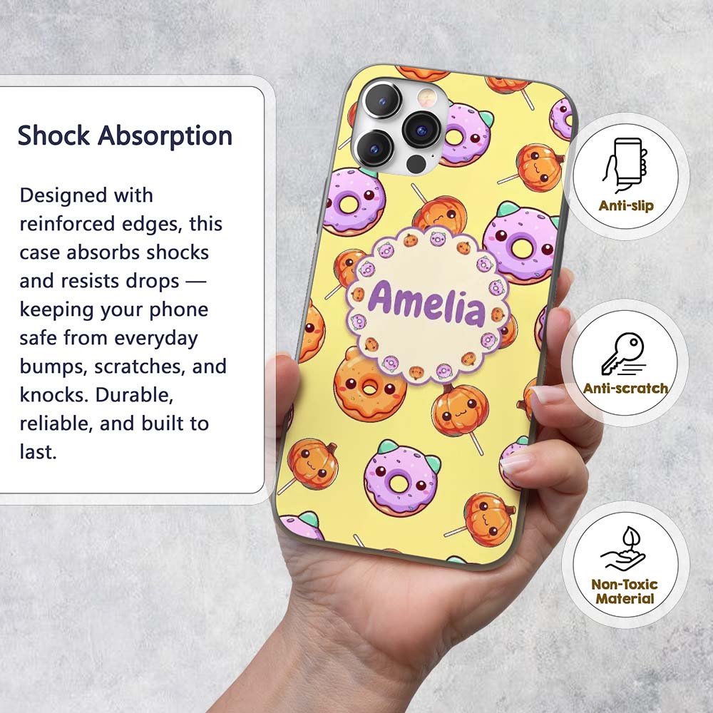 Cute Kawaii Donut Pumpkin Lollipop Pattern Yellow Custom Name Protective Phone Case Mobile Cover Durable Everyday Smartphone Shock Resistant