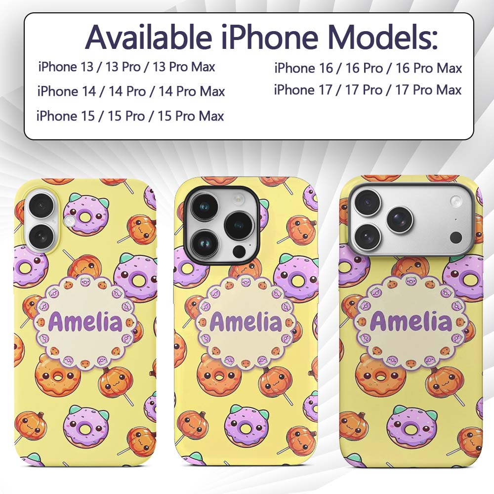 Cute Kawaii Donut Pumpkin Lollipop Pattern Yellow Custom Name Protective Phone Case Mobile Cover Durable Everyday Smartphone Shock Resistant