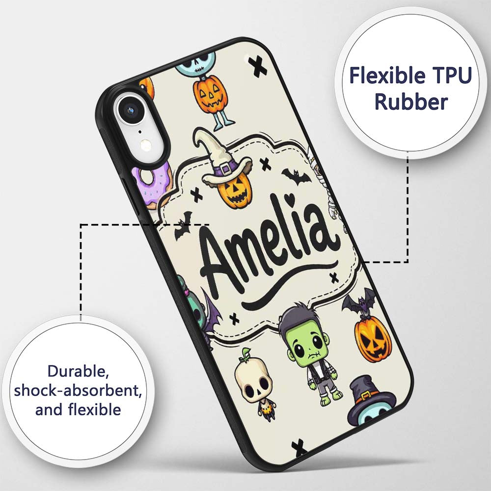 Cute Kawaii Halloween Mummy Bat Pumpkin Character Custom Name Protective Phone Case Mobile Cover Durable Everyday Smartphone Shock Resistant