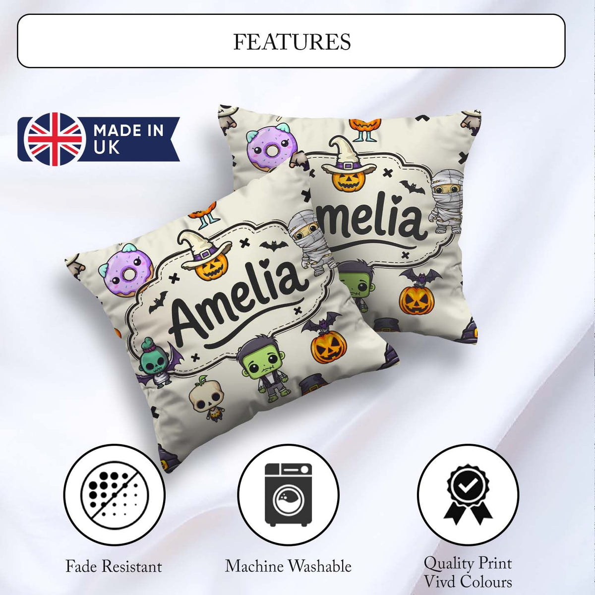 Custom Name Cute Kawaii Halloween Mummy Bat Pumpkin Pattern Name Square Filled Cushion Throw Pillow Sofa Bed Home Decor Zip Washable UK Made