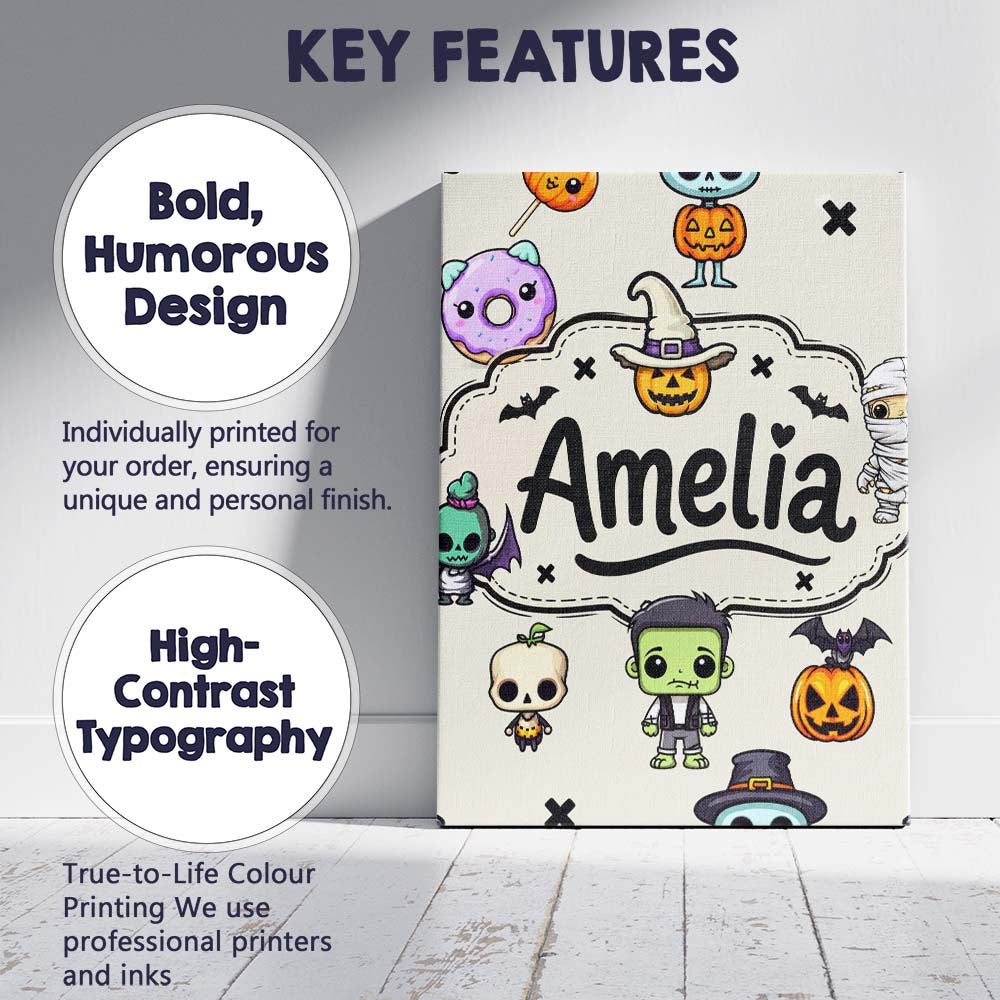 Personalised Name Cute Kawaii Halloween Custom Modern Room Accent Elegant Feature Canvas Wall Art Print Decor Picture Ready to Hang