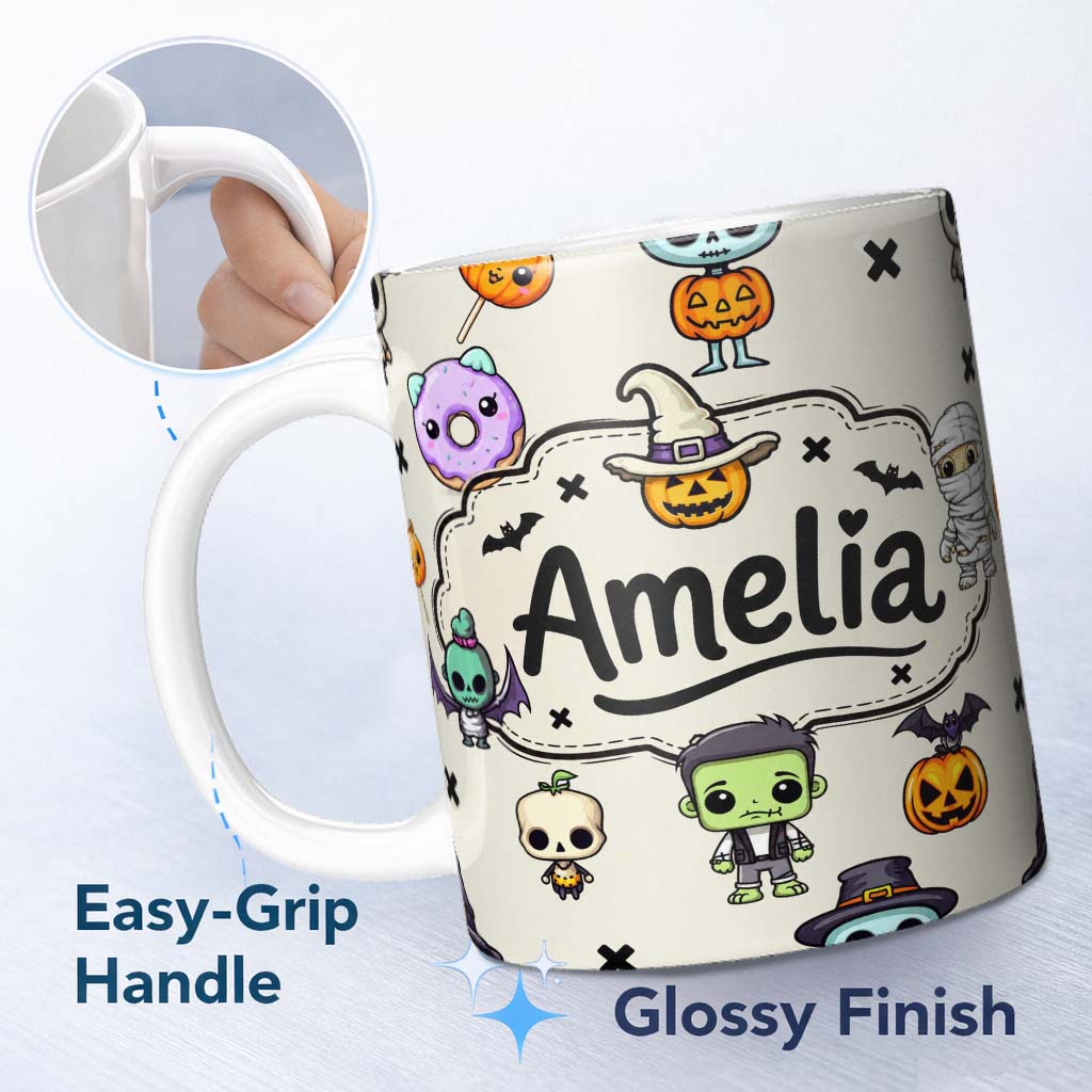 Personalized Custom Name Cute Kawaii Halloween Mummy Bat Pumpkin Character Pattern Name 11oz Ceramic Coffee Tea Mug White Large Handle