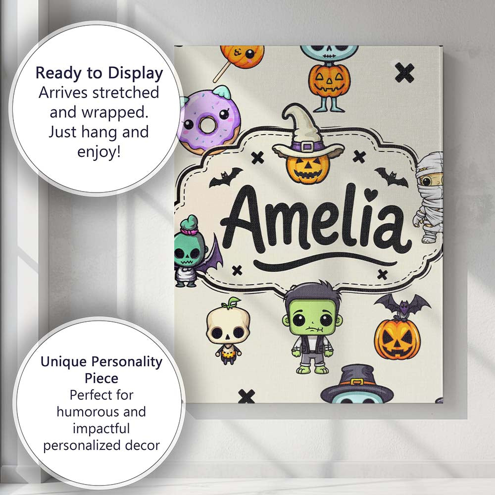 Personalised Name Cute Kawaii Halloween Custom Modern Room Accent Elegant Feature Canvas Wall Art Print Decor Picture Ready to Hang