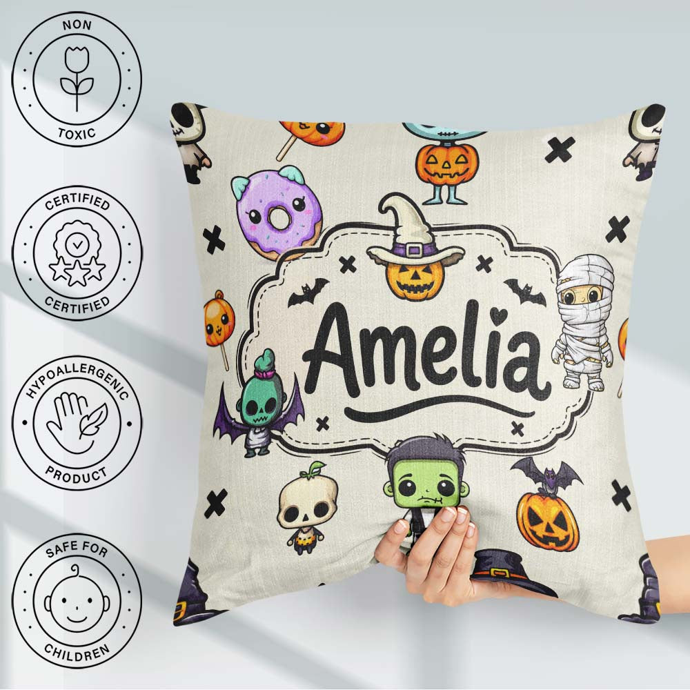 Custom Name Cute Kawaii Halloween Mummy Bat Pumpkin Pattern Name Square Filled Cushion Throw Pillow Sofa Bed Home Decor Zip Washable UK Made