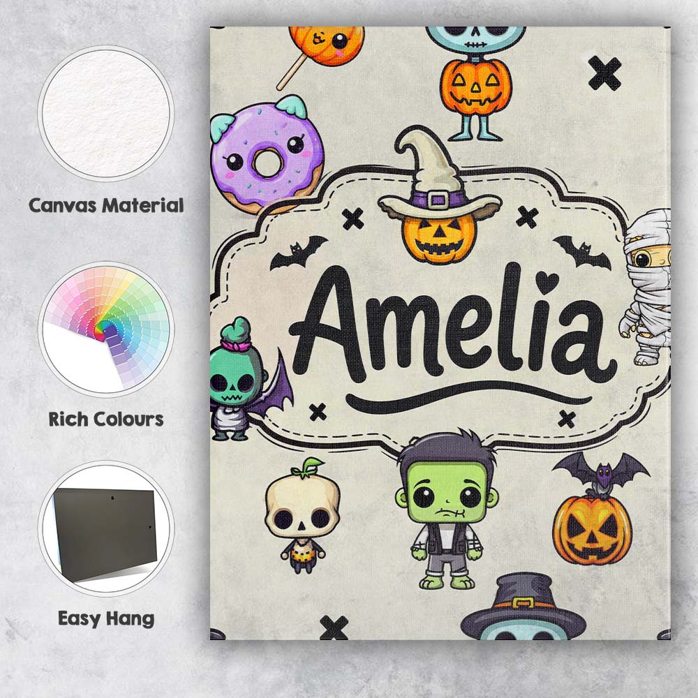 Personalised Name Cute Kawaii Halloween Custom Modern Room Accent Elegant Feature Canvas Wall Art Print Decor Picture Ready to Hang