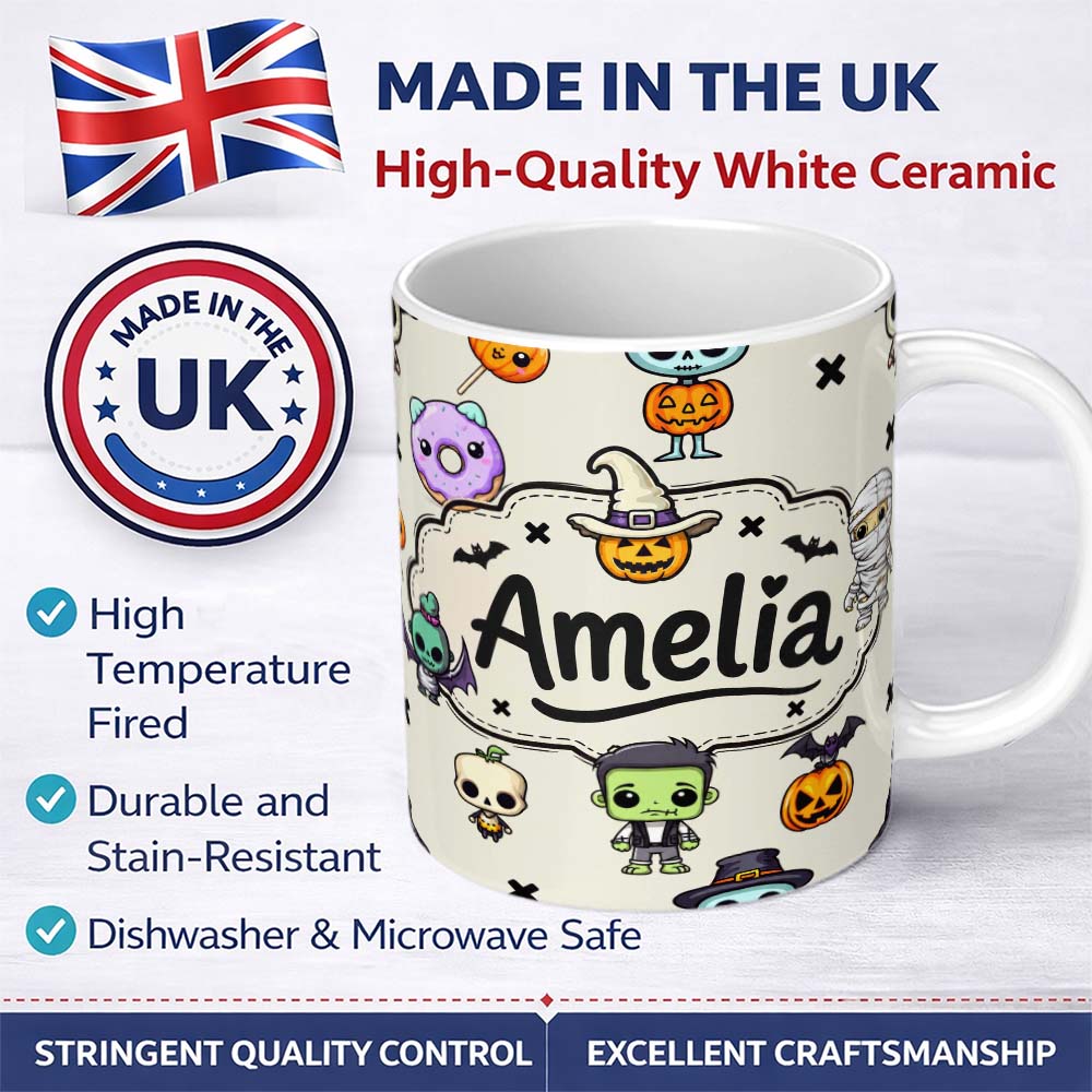 Personalized Custom Name Cute Kawaii Halloween Mummy Bat Pumpkin Character Pattern Name 11oz Ceramic Coffee Tea Mug White Large Handle