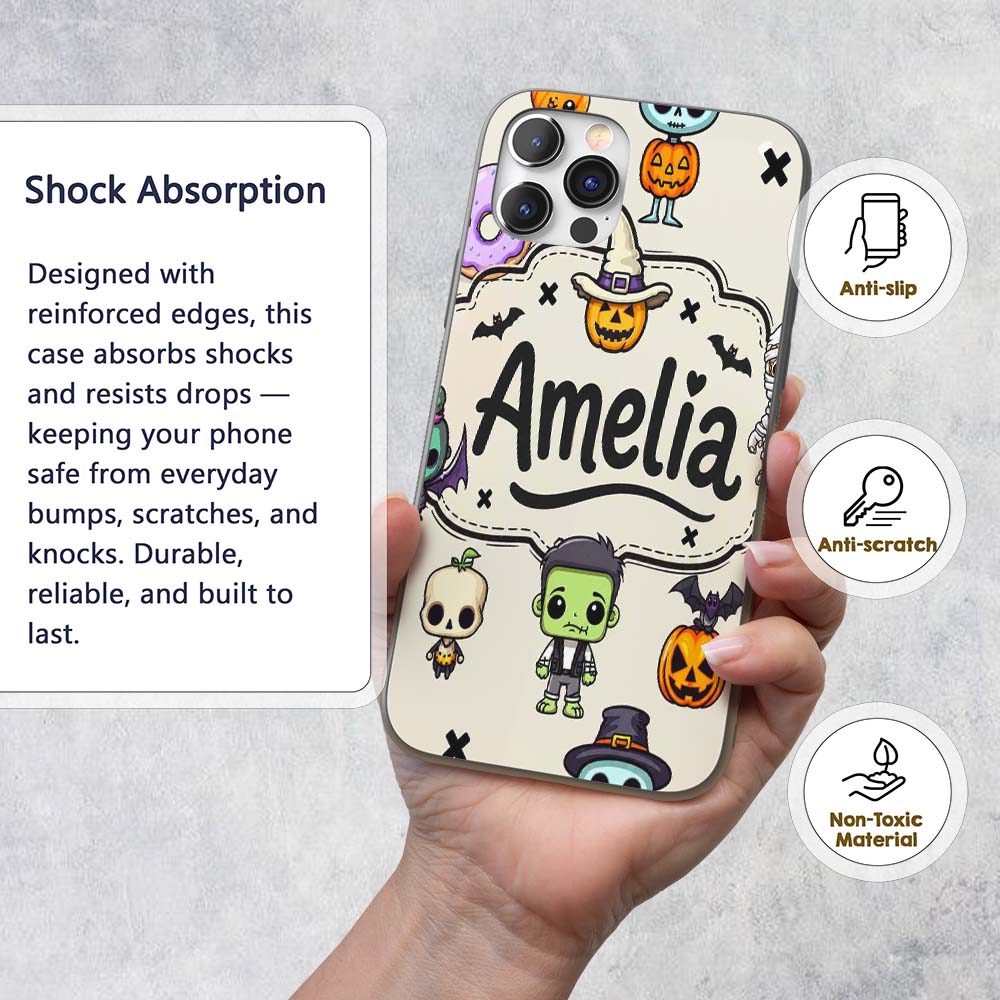 Cute Kawaii Halloween Mummy Bat Pumpkin Character Custom Name Protective Phone Case Mobile Cover Durable Everyday Smartphone Shock Resistant