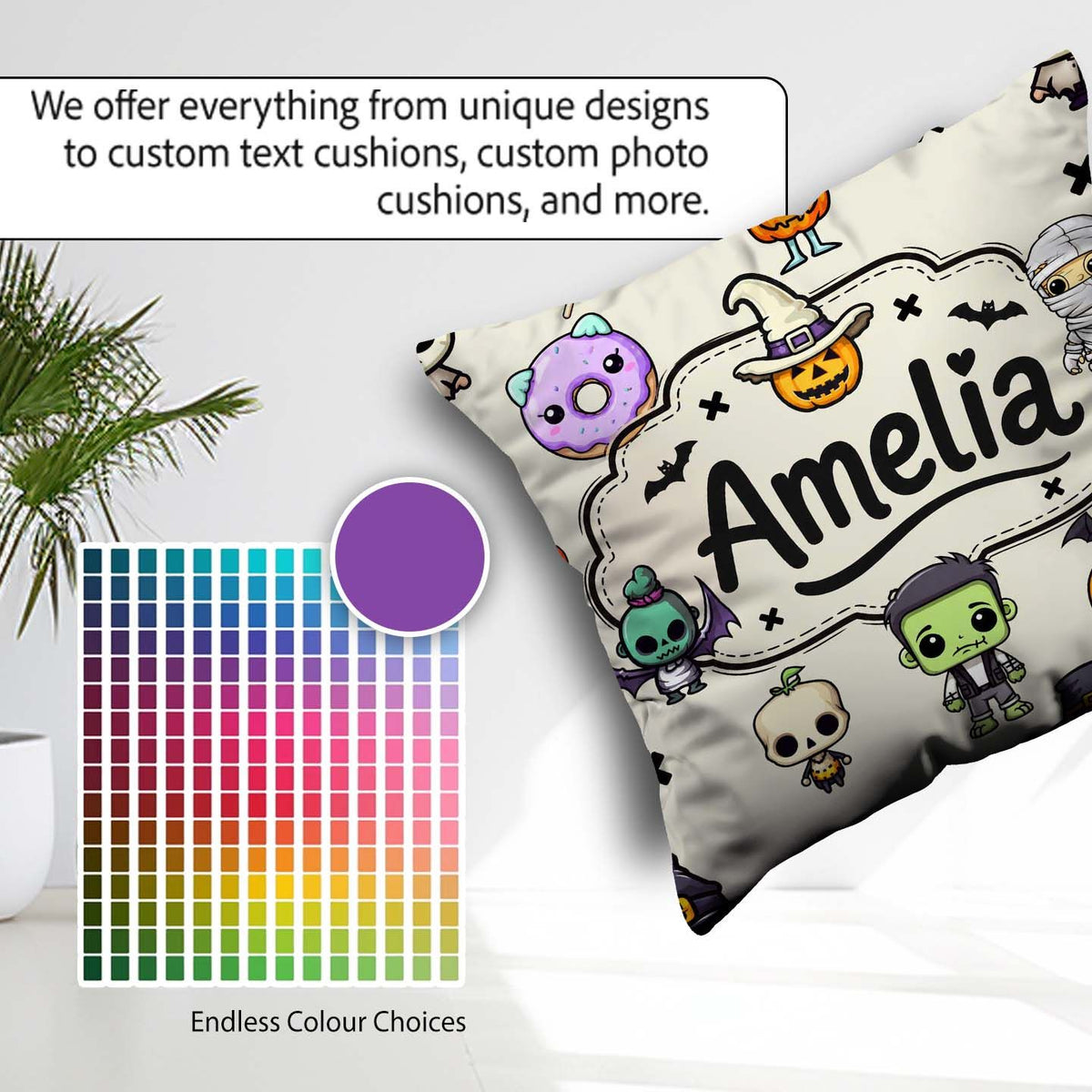Custom Name Cute Kawaii Halloween Mummy Bat Pumpkin Pattern Name Square Filled Cushion Throw Pillow Sofa Bed Home Decor Zip Washable UK Made