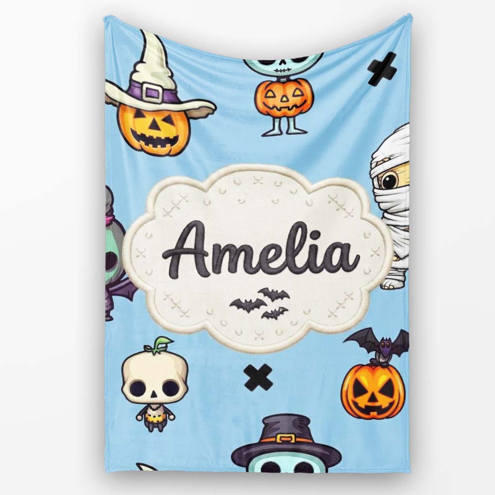 Cute Halloween Characters Mummy Frankenstein Bat Blue Background Personalised Custom Name Super Soft Fleece Blanket Bed Sofa Throw