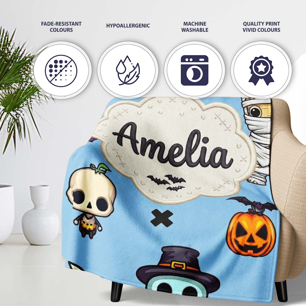 Cute Halloween Characters Mummy Frankenstein Bat Blue Background Personalised Custom Name Super Soft Fleece Blanket Bed Sofa Throw
