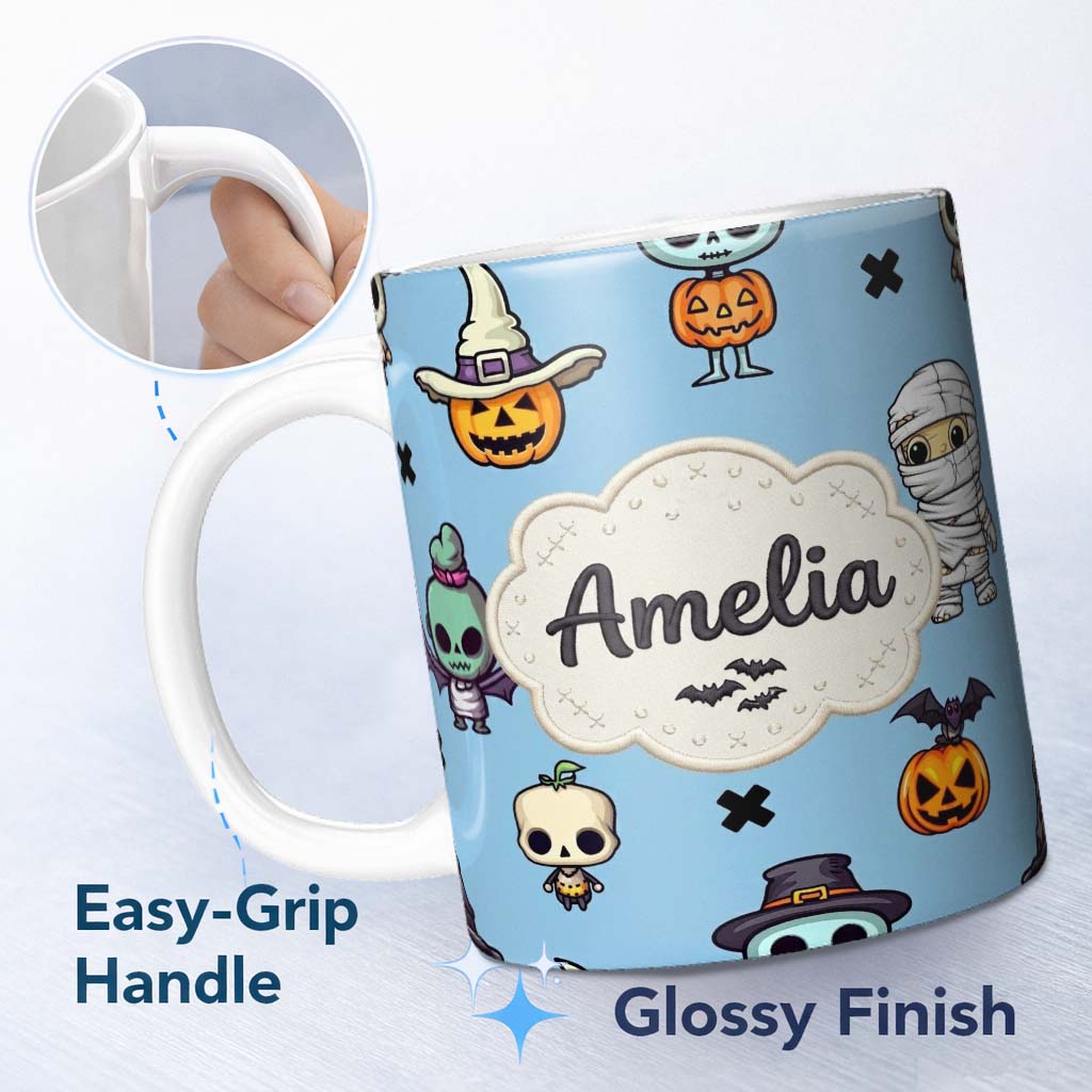 Personalized Custom Name Cute Halloween Characters Mummy Frankenstein Bat Blue Background 11oz Ceramic Coffee Tea Mug White Large Handle