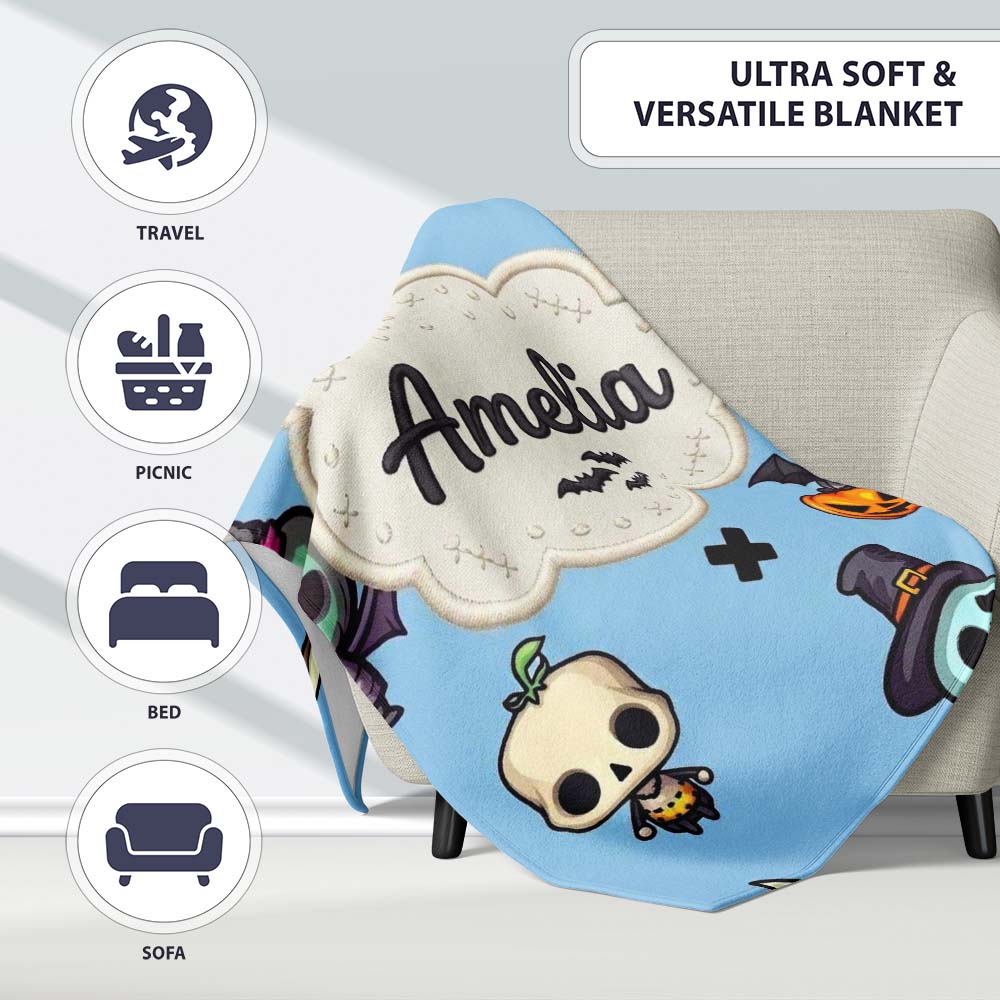 Cute Halloween Characters Mummy Frankenstein Bat Blue Background Personalised Custom Name Super Soft Fleece Blanket Bed Sofa Throw