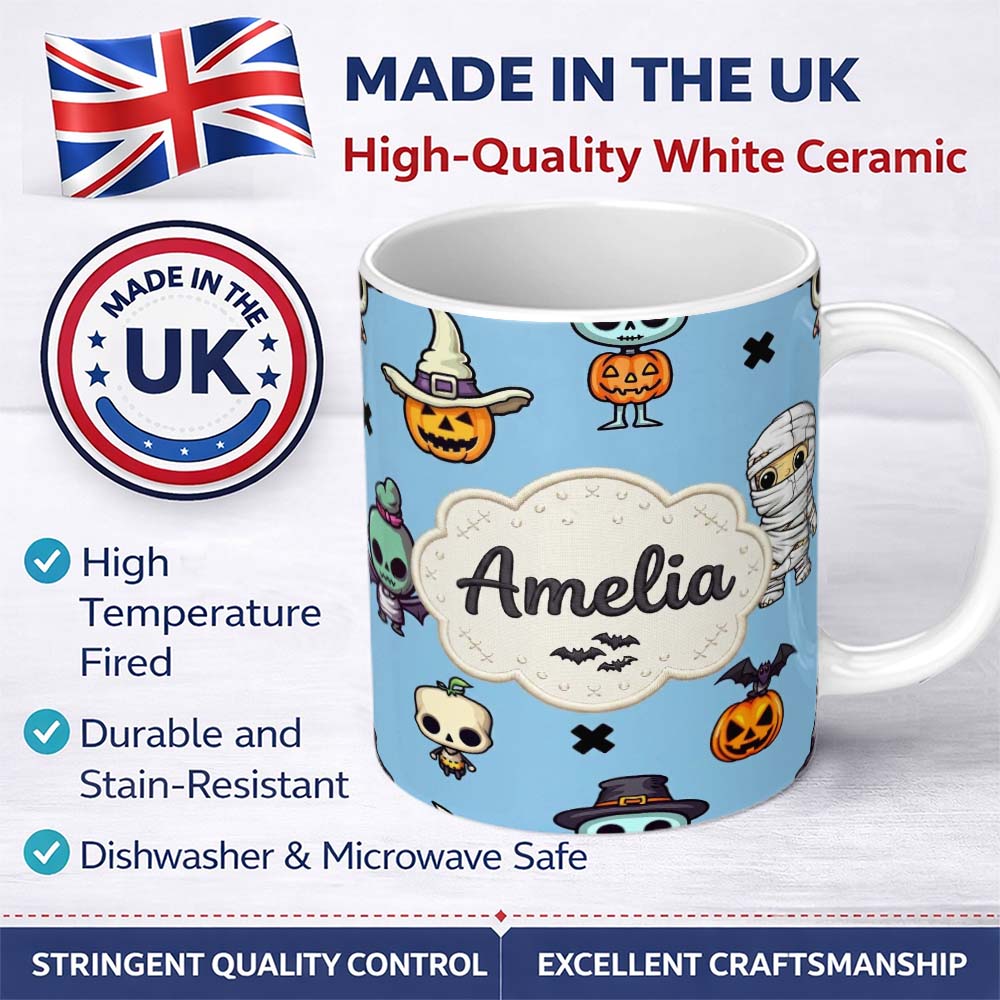 Personalized Custom Name Cute Halloween Characters Mummy Frankenstein Bat Blue Background 11oz Ceramic Coffee Tea Mug White Large Handle