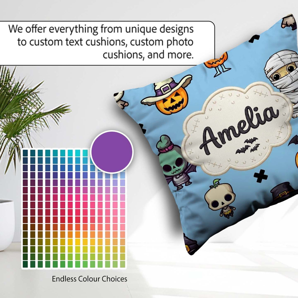 Custom Name Cute Halloween Characters Mummy Bat Blue Background Square Filled Cushion Throw Pillow Sofa Bed Home Decor Zip Washable UK Made
