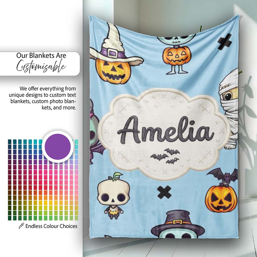 Cute Halloween Characters Mummy Frankenstein Bat Blue Background Personalised Custom Name Super Soft Fleece Blanket Bed Sofa Throw