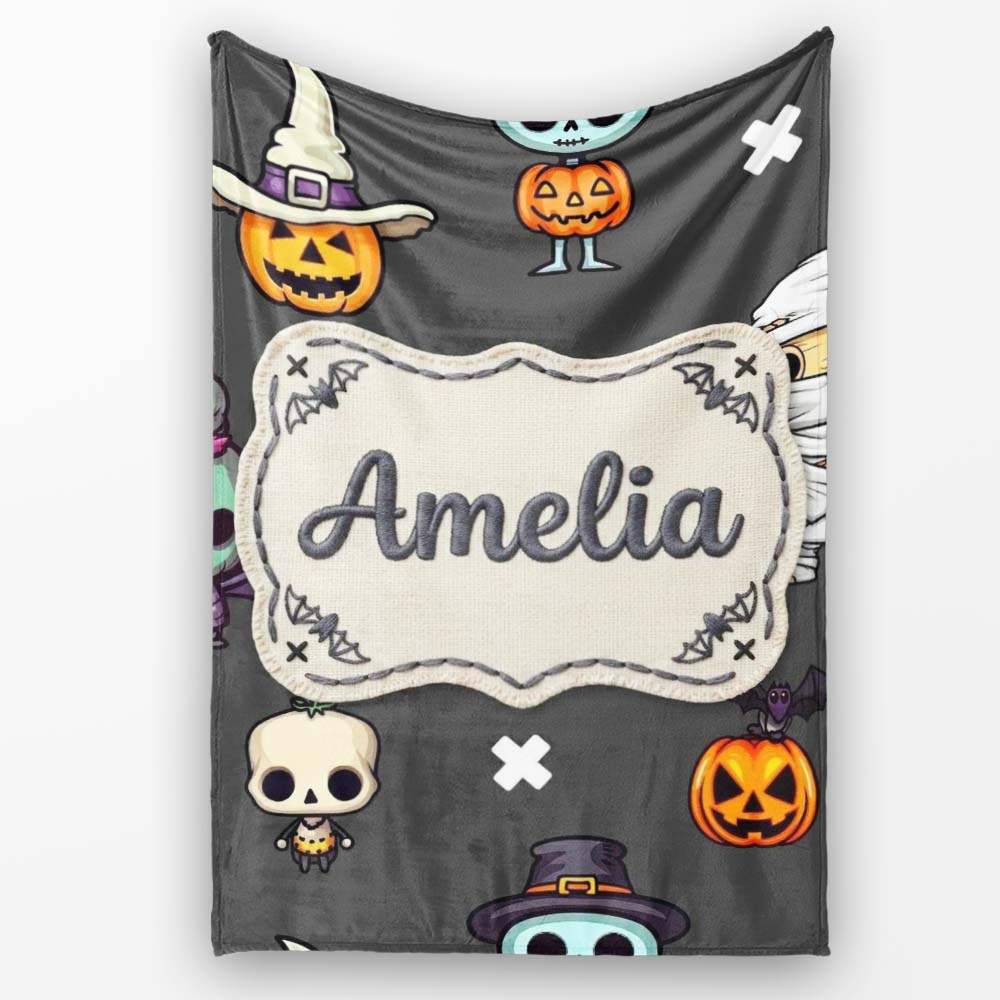 Cute Halloween Characters Mummy Frankenstein Bat Dark Grey Personalised Custom Name Super Soft Fleece Blanket Bed Sofa Throw