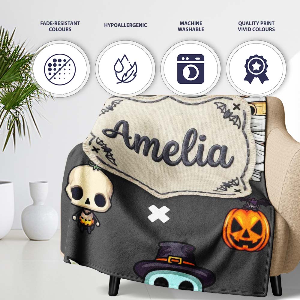 Cute Halloween Characters Mummy Frankenstein Bat Dark Grey Personalised Custom Name Super Soft Fleece Blanket Bed Sofa Throw