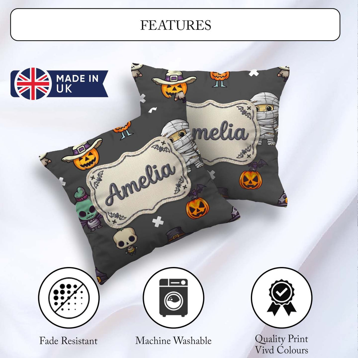 Custom Name Cute Halloween Characters Frankenstein Bat Dark Grey Square Filled Cushion Throw Pillow Sofa Bed Home Decor Zip Washable UK Made