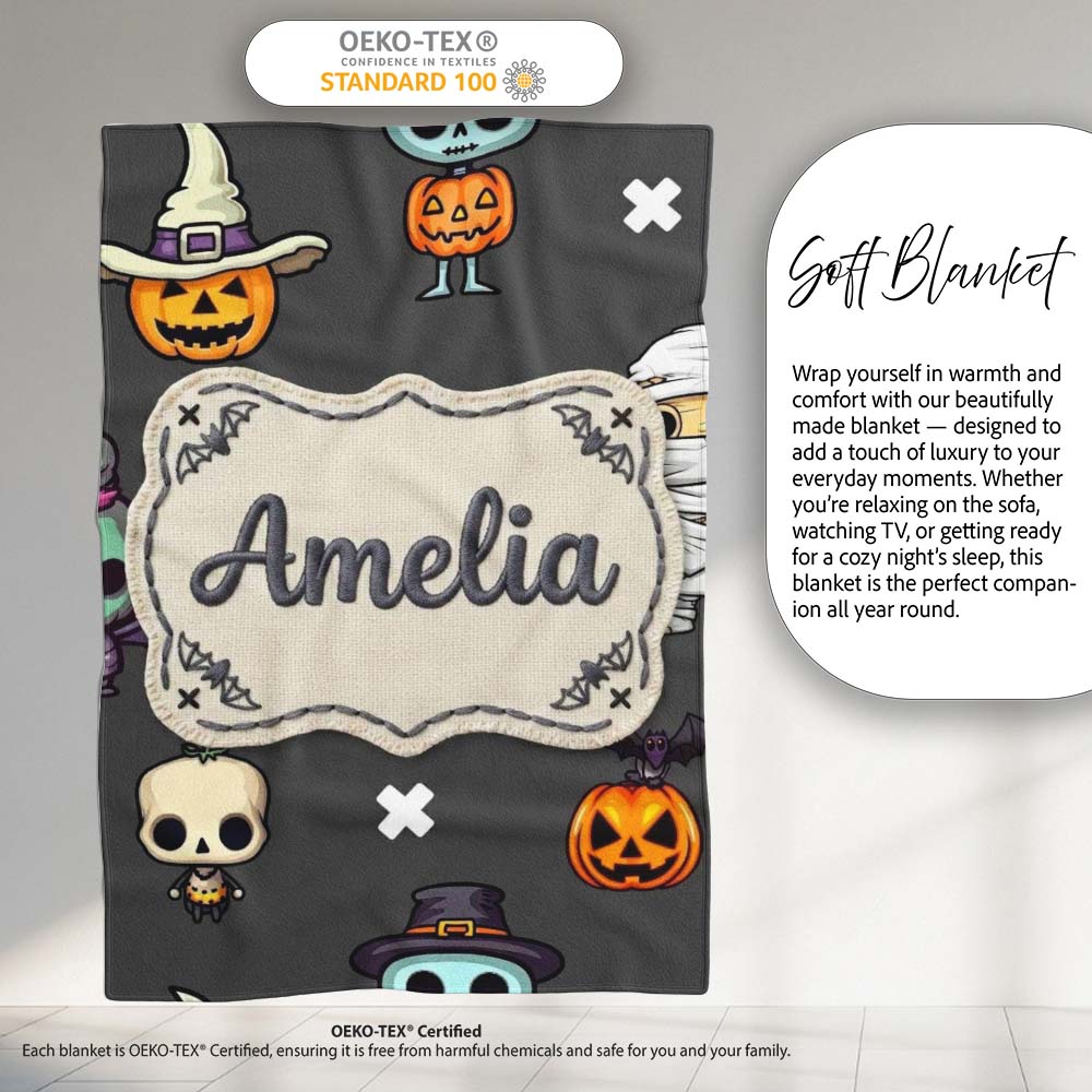 Cute Halloween Characters Mummy Frankenstein Bat Dark Grey Personalised Custom Name Super Soft Fleece Blanket Bed Sofa Throw