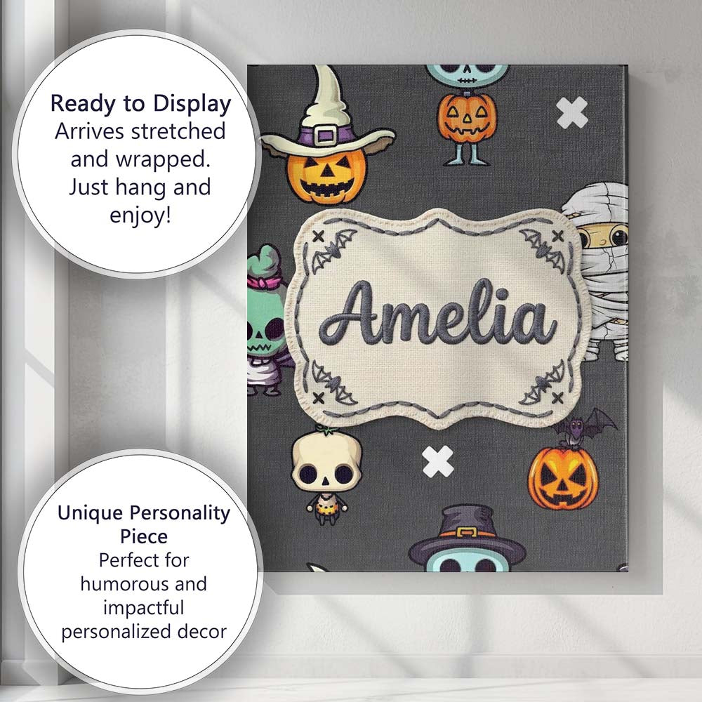 Personalised Name Cute Halloween Characters Custom Bespoke Interior Contemporary Canvas Wall Art Print Decor Picture Ready to Hang
