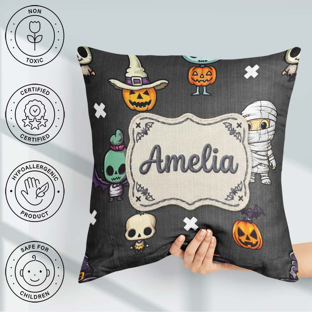 Custom Name Cute Halloween Characters Frankenstein Bat Dark Grey Square Filled Cushion Throw Pillow Sofa Bed Home Decor Zip Washable UK Made