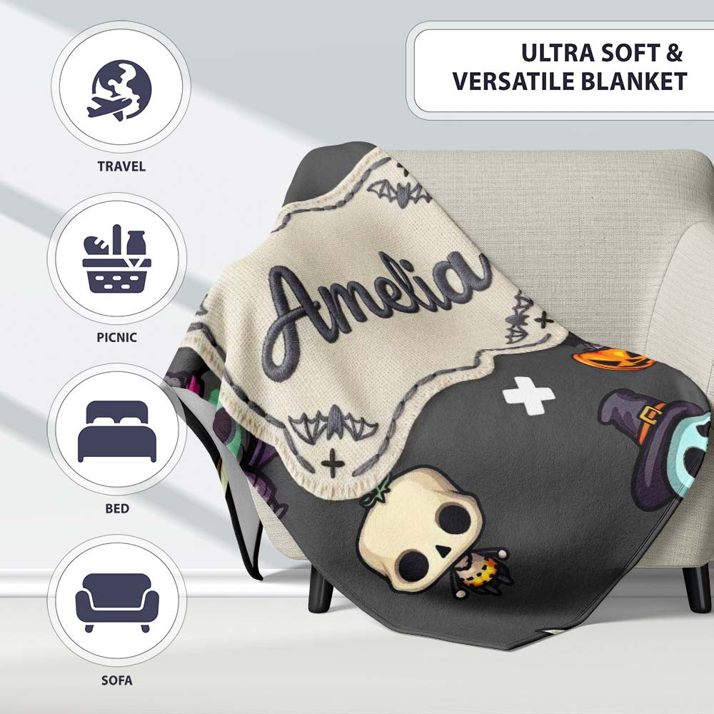Cute Halloween Characters Mummy Frankenstein Bat Dark Grey Personalised Custom Name Super Soft Fleece Blanket Bed Sofa Throw
