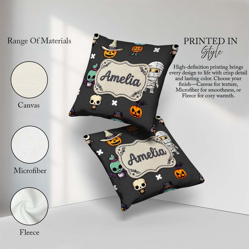 Custom Name Cute Halloween Characters Frankenstein Bat Dark Grey Square Filled Cushion Throw Pillow Sofa Bed Home Decor Zip Washable UK Made