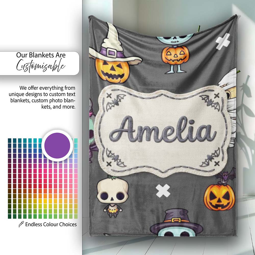 Cute Halloween Characters Mummy Frankenstein Bat Dark Grey Personalised Custom Name Super Soft Fleece Blanket Bed Sofa Throw