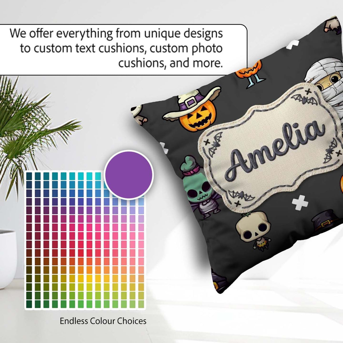 Custom Name Cute Halloween Characters Frankenstein Bat Dark Grey Square Filled Cushion Throw Pillow Sofa Bed Home Decor Zip Washable UK Made