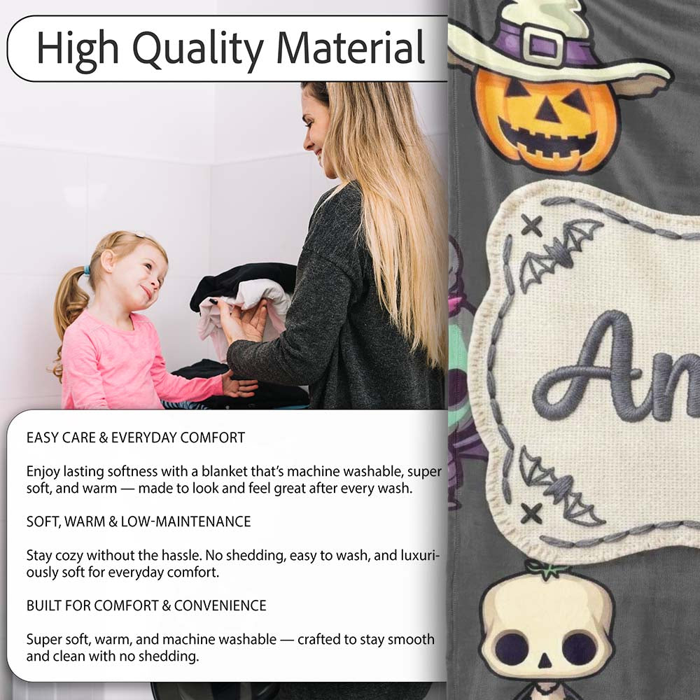 Cute Halloween Characters Mummy Frankenstein Bat Dark Grey Personalised Custom Name Super Soft Fleece Blanket Bed Sofa Throw