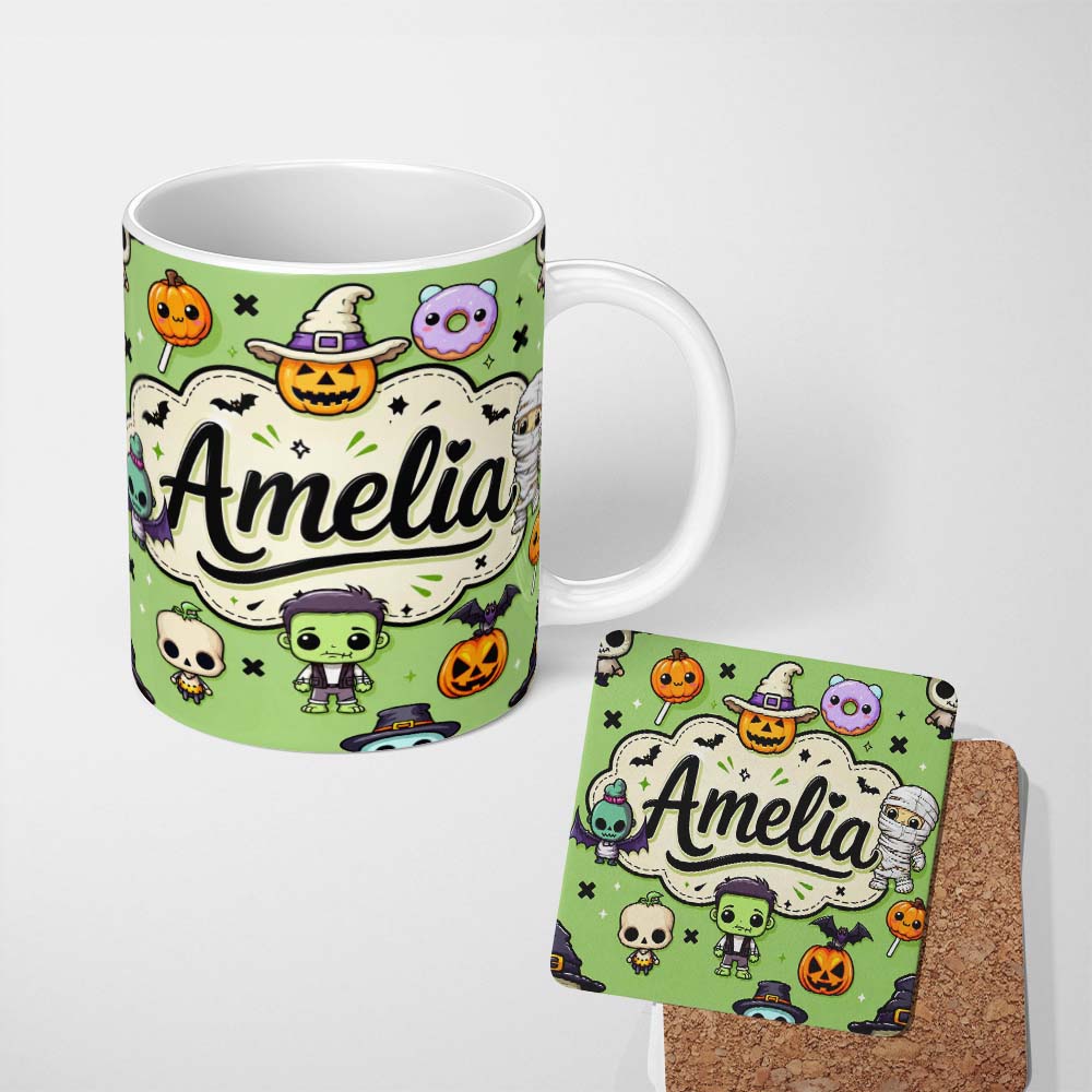 Personalized Custom Name Cute Halloween Characters Mummy Frankenstein Bat Green Background 11oz Ceramic Coffee Tea Mug White Large Handle