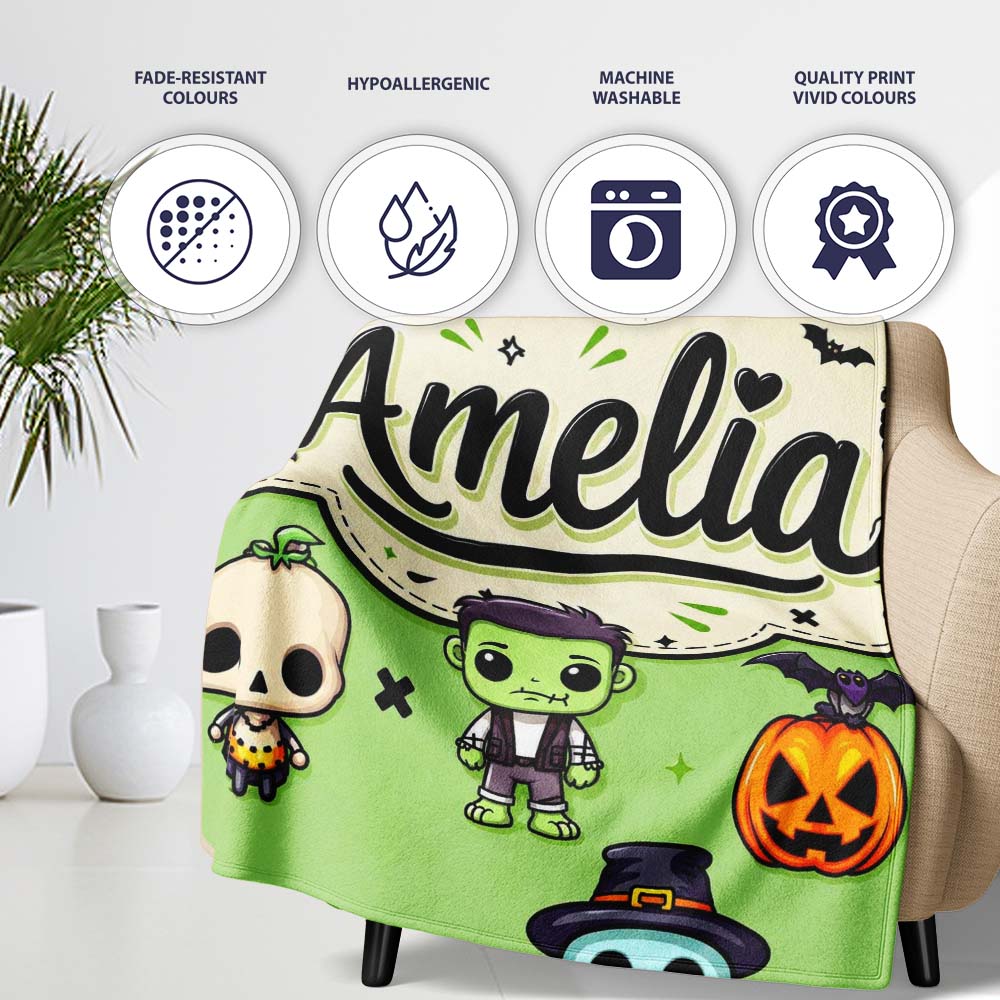 Cute Halloween Characters Mummy Frankenstein Bat Green Background Personalised Custom Name Super Soft Fleece Blanket Bed Sofa Throw
