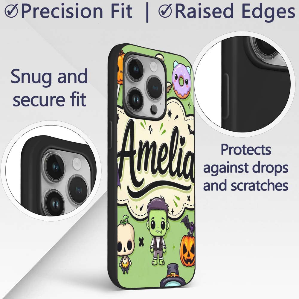 Cute Halloween Characters Mummy Frankenstein Bat Custom Name Protective Phone Case Mobile Cover Durable Everyday Smartphone Shock Resistant