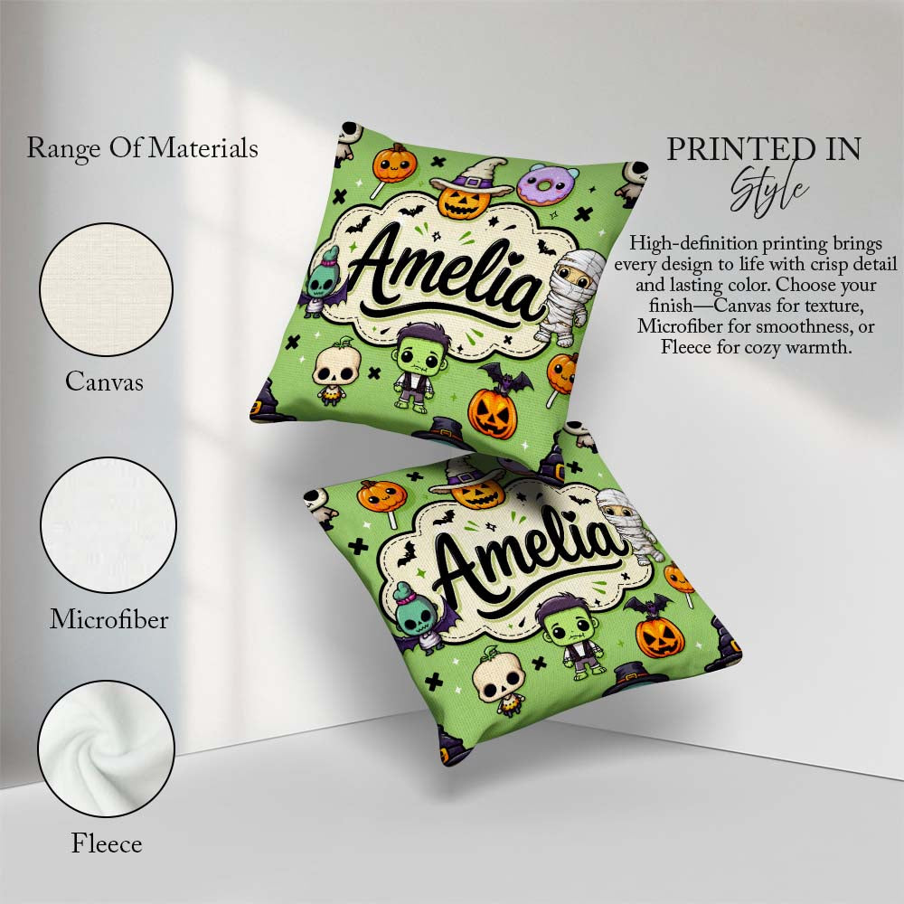 Custom Name Cute Halloween Characters Mummy Bat Green Background Square Filled Cushion Throw Pillow Sofa Bed Home Decor Zip Washable UK Made