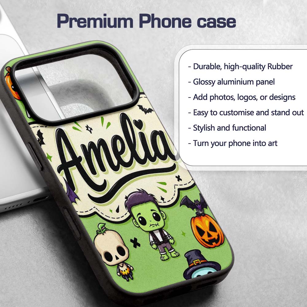 Cute Halloween Characters Mummy Frankenstein Bat Custom Name Protective Phone Case Mobile Cover Durable Everyday Smartphone Shock Resistant