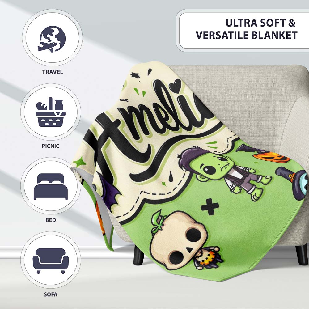Cute Halloween Characters Mummy Frankenstein Bat Green Background Personalised Custom Name Super Soft Fleece Blanket Bed Sofa Throw