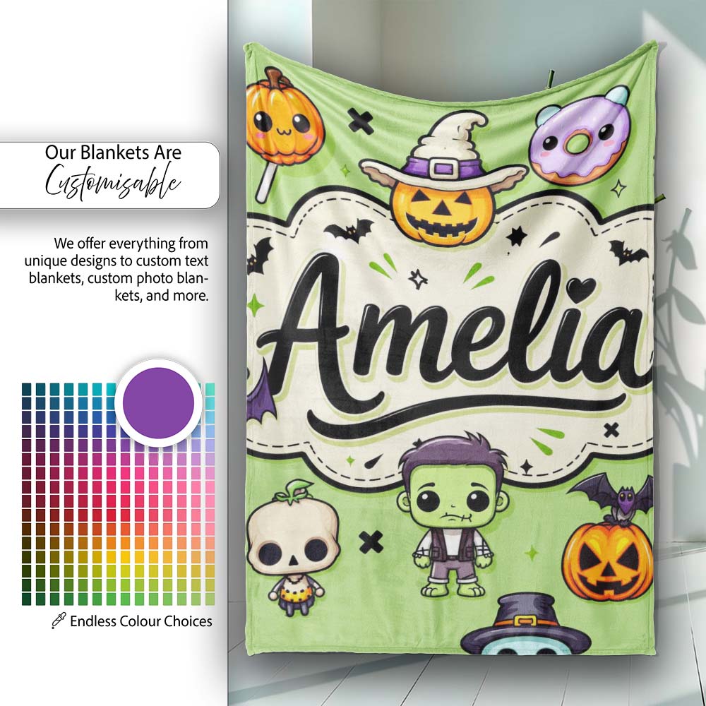 Cute Halloween Characters Mummy Frankenstein Bat Green Background Personalised Custom Name Super Soft Fleece Blanket Bed Sofa Throw