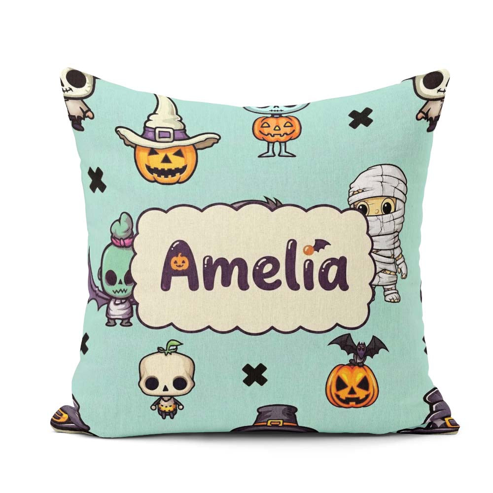 Custom Name Cute Halloween Characters Mummy Bat Teal Background Square Filled Cushion Throw Pillow Sofa Bed Home Decor Zip Washable UK Made