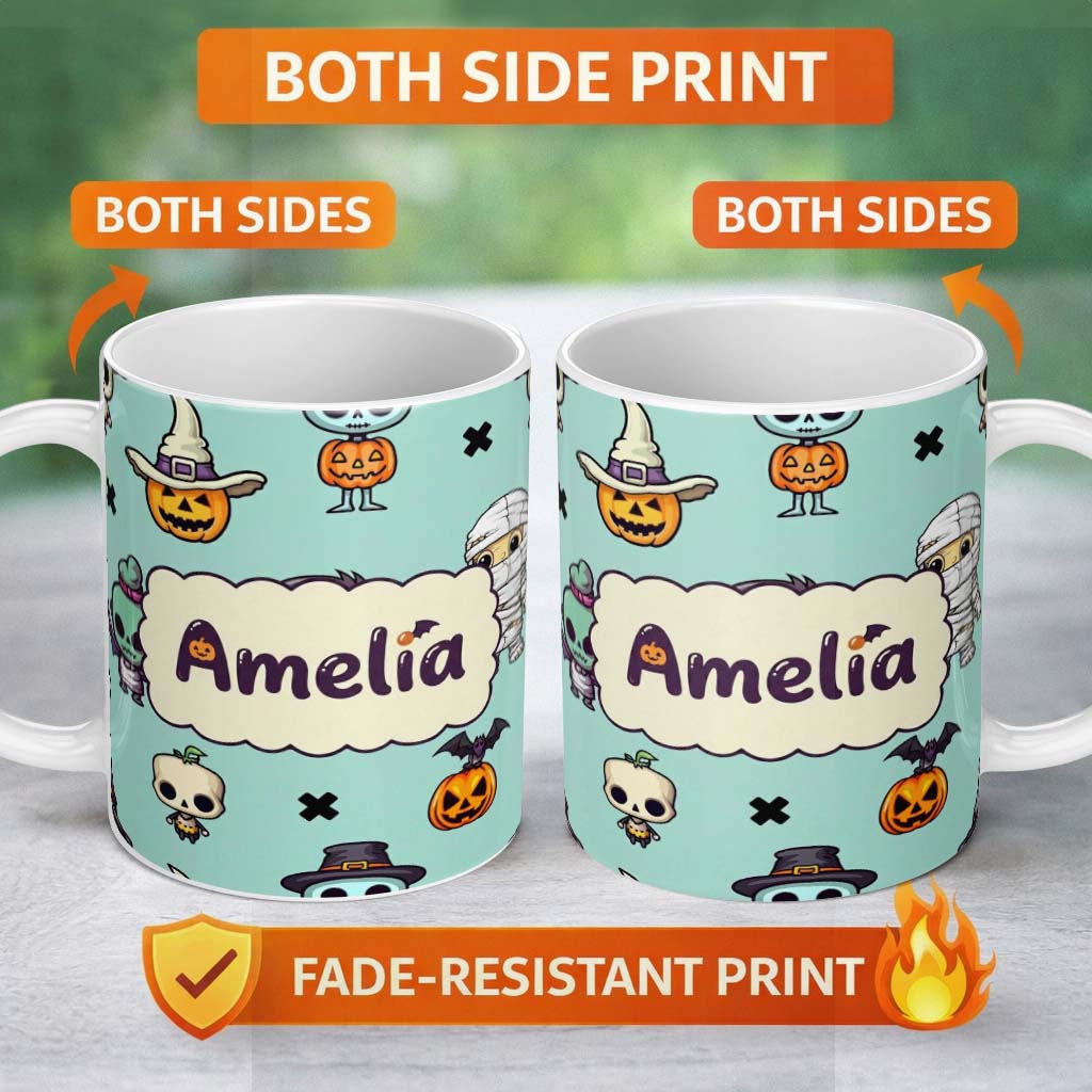Personalized Custom Name Cute Halloween Characters Mummy Frankenstein Bat Teal Background 11oz Ceramic Coffee Tea Mug White Large Handle